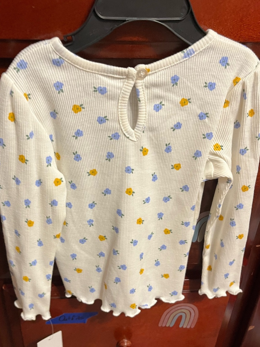Little Me Cream Ribbed Long-Sleeve Top with Blue & Yellow Floral Print - Picture 4 of 4